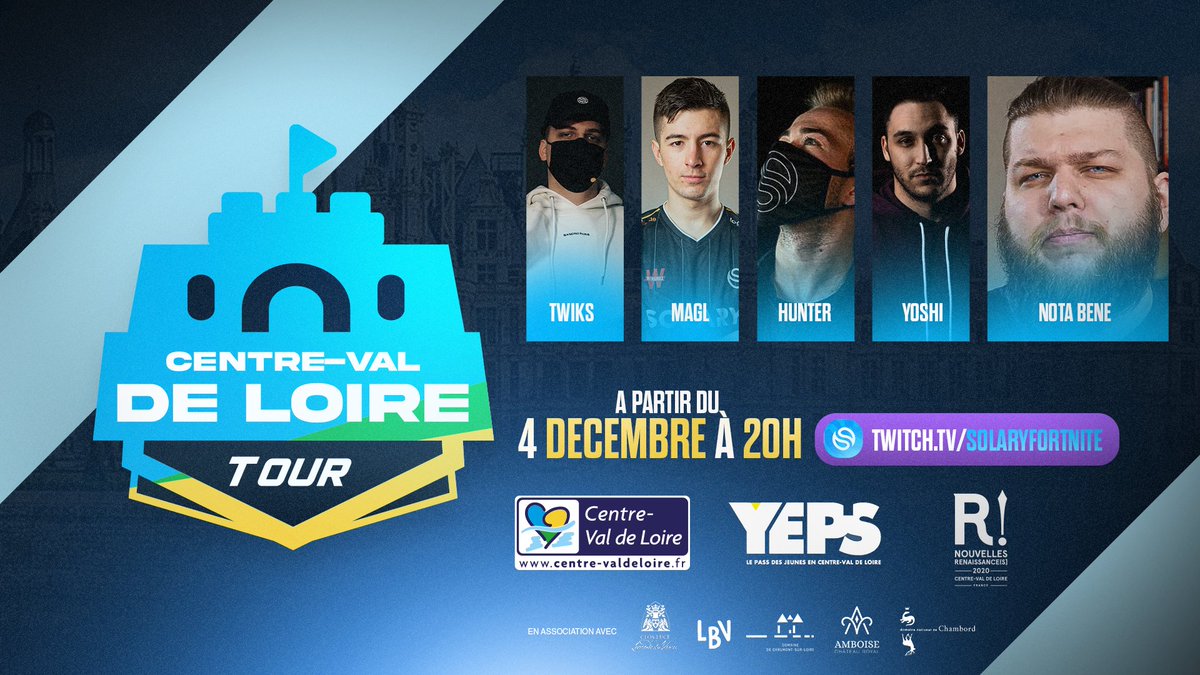 On va partir à la découverte des châteaux de la région Centre grâce à Fortnite et <a href="/NotaBeneMovies/">Benjamin Brillaud</a> ! 🏰

Rendez-vous le 4 décembre à 20h sur la TV Fortnite pour découvrir le #CentreValdeLoireFortniteTour ! 👍

📺 twitch.tv/solaryfortnite