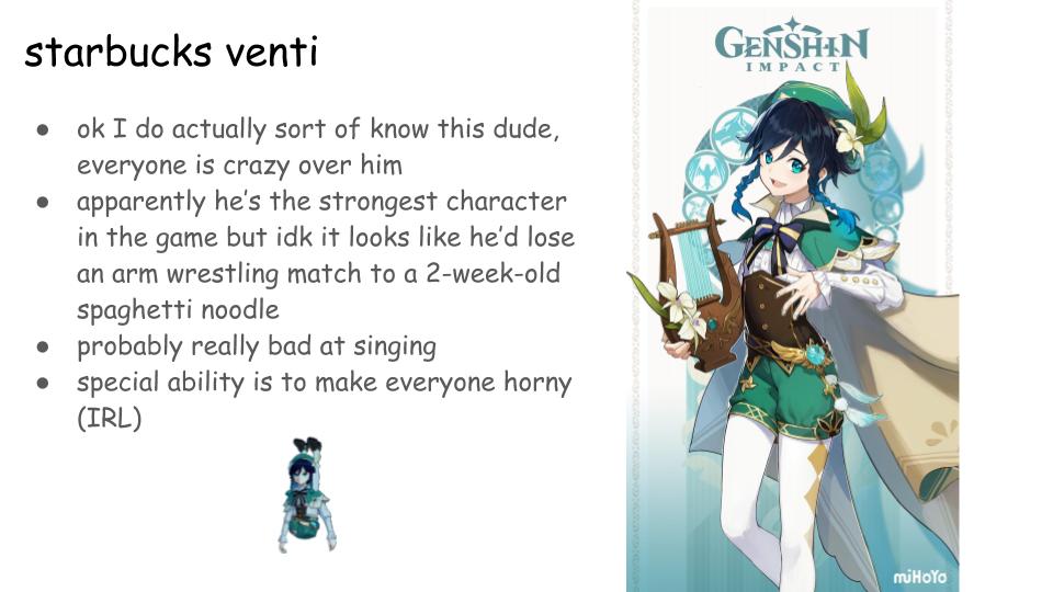 TRYING TO FIGURE OUT WHO CHILDE IS: A Powerpoint Presentation by Someone Who Knows Nothing About Genshin Impact(Note: I guessed on some of these genders so people can make fun of me if I got them wrong lol)PART 1/7 #GenshinImpact