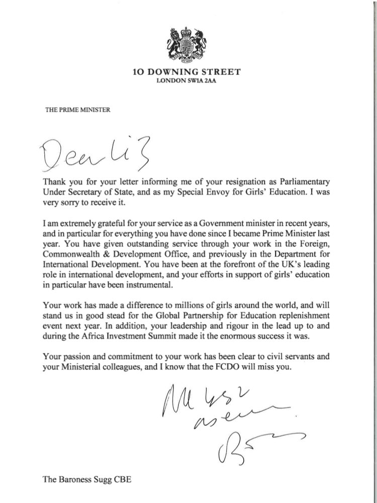 CONFIRMED: <a href="/liz_sugg/">Baroness Sugg</a> has resigned from the Foreign Office 

She says it’s “fundamentally wrong” to cut the aid budget 

Here is the exchange of letters between her &amp; Boris Johnson