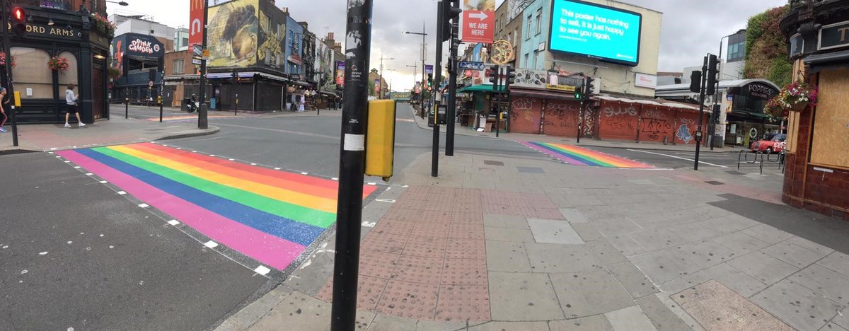 14/15. Camden (June 27th 2020)Over on  #Camden High Street , 4 permanent crossings were installed at the junction of Jamestown Road and Hawley Crescent.This was followed with a programme of virtual events including online exhibitions, playlists and more  #WeMakeCamdenProud.