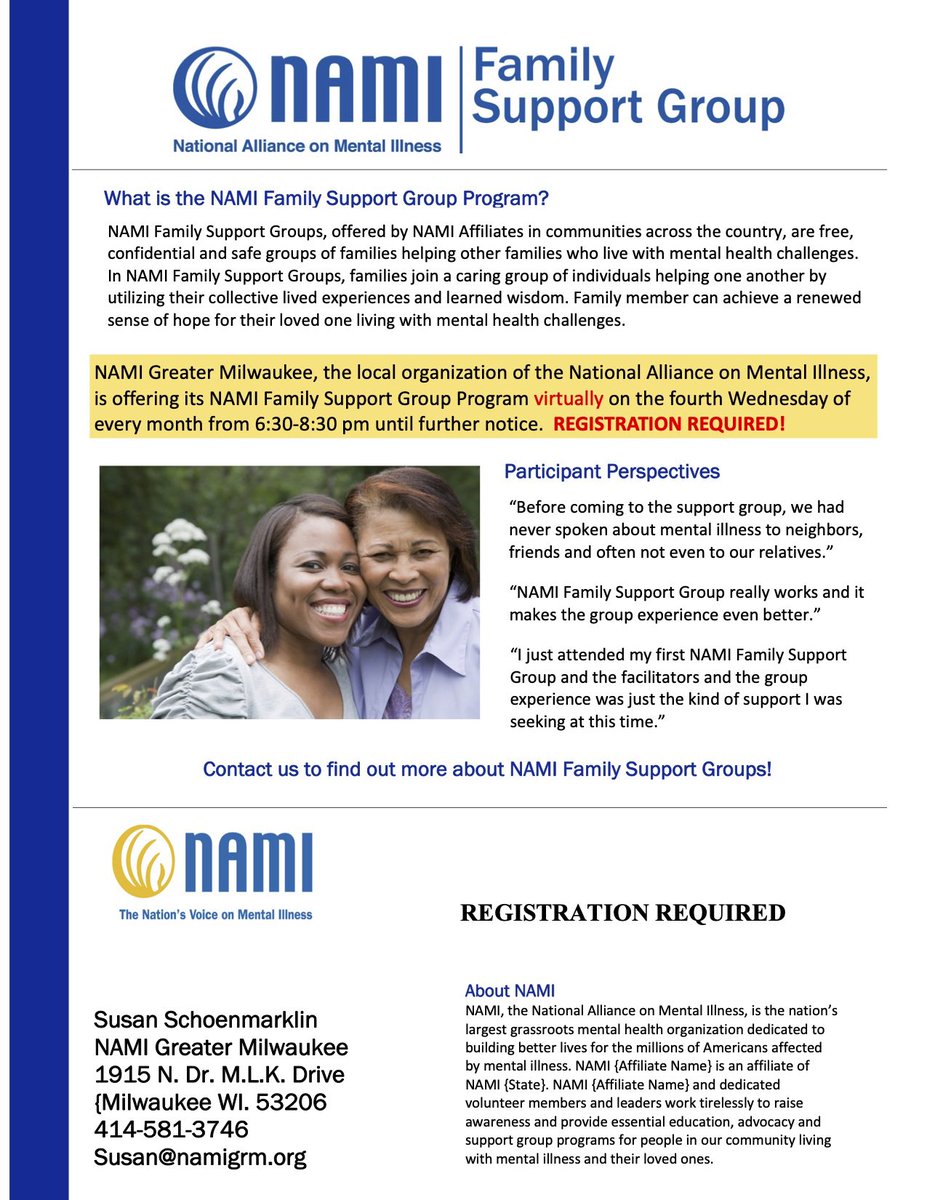 NAMIMKE's tweet photo. NAMI GRM Virtual Family Support Group tonight 6:30-8:30. Contact Susan Schoenmarklin at 414-581-3746 or susan@namigrm.org to attend. https://t.co/Cx7l7LTnlt