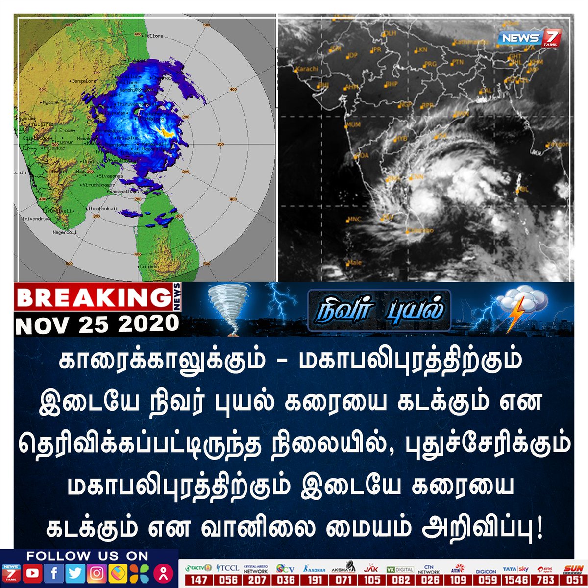 news7tamil's tweet photo. #NivarUpdatesOnNews7Tamil

புதுச்சேரிக்கும் மகாபலிபுரத்திற்கும் இடையே கரையை கடக்கிறது நிவர் புயல்!

வானிலை ஆய்வு மையம் அறிவிப்பு!

https://t.co/5wMBD3FLqB | #NivarCycloneUpdate | #NivarCyclone | #ChennaiRain | #நிவர் https://t.co/MTfEl6H6PA