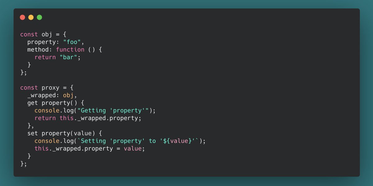  What is it good for?Proxying is a great pattern to use when you want to add additional functionality to an object, e.g.!A very simple use case would be an access level audit log, which fires every time you access or set a property on an object or call a method on it.