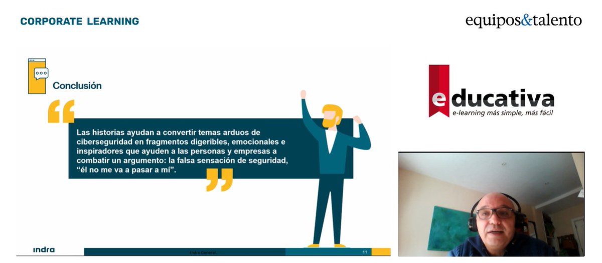 IndraCompany's tweet photo. Participamos en #CorporateLearning20 de @EquiposyTalento en la mesa “Storytelling to connect & learn” en la que se expuso el caso de éxito de los cursos de e-learning de la Cátedra de Seguridad de la Información de Indra como un ejemplo del uso del storytelling para concienciar. https://t.co/IRWTH0s35A