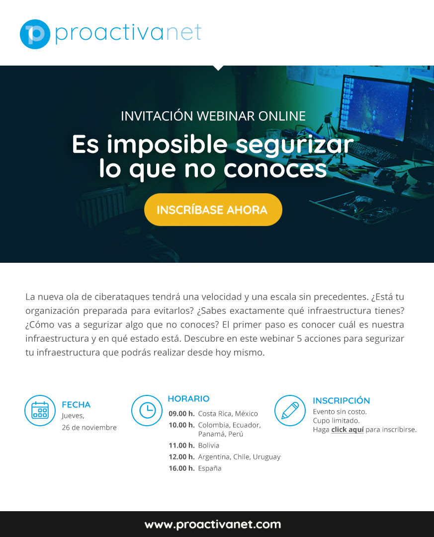 Proactivanet's tweet image. Inscríbete ya en nuestro webinar &quot;Es imposible segurizar lo que no conoces&quot; en bit.ly/2KBKf3f

#Proactivanet10 #ITIL #IT #ITSMSoftware