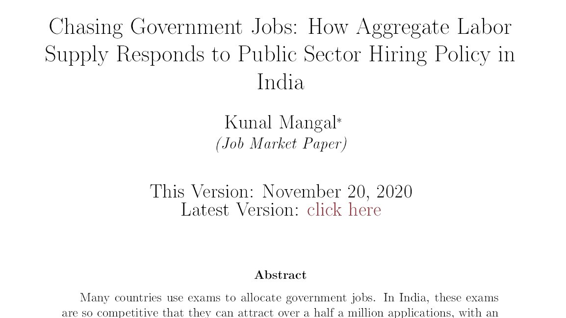 Hi  #EconTwitter! I am a  @Kennedy_School PhD student on the  #econjobmarket. I study labor markets in developing countries - especially in India. Here's a thread on my JMP: https://scholar.harvard.edu/files/kmangal/files/jmp.pdf1/n