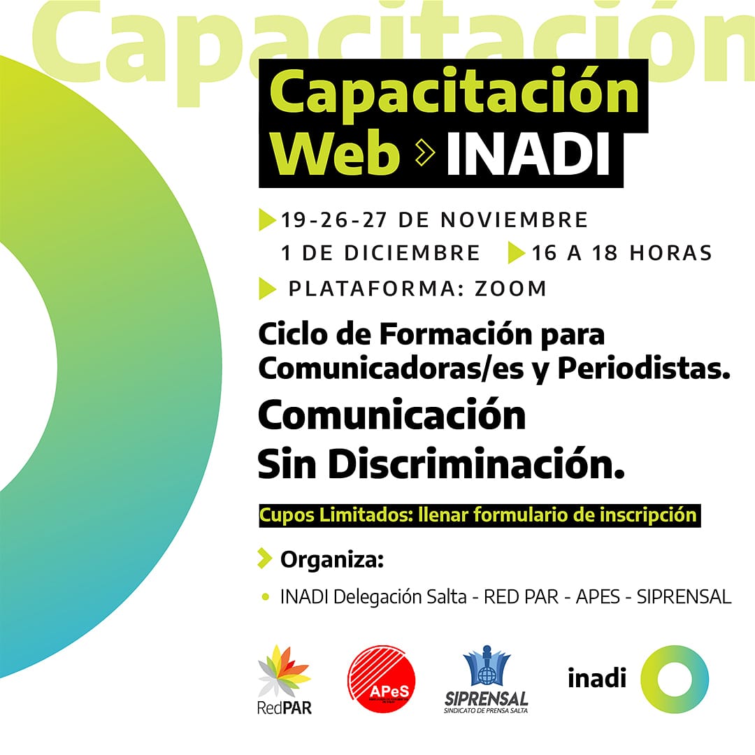 Mañana, 26/11, 16 hs seguimos con el segundo encuentro del Ciclo de formación para Comunicadoras/es y Periodistas. 

COMUNICACIÓN SIN DISCRIMINACIÓN 
 
Quienes no llegaron a inscribirse pueden contactarse con nosotres para participar
