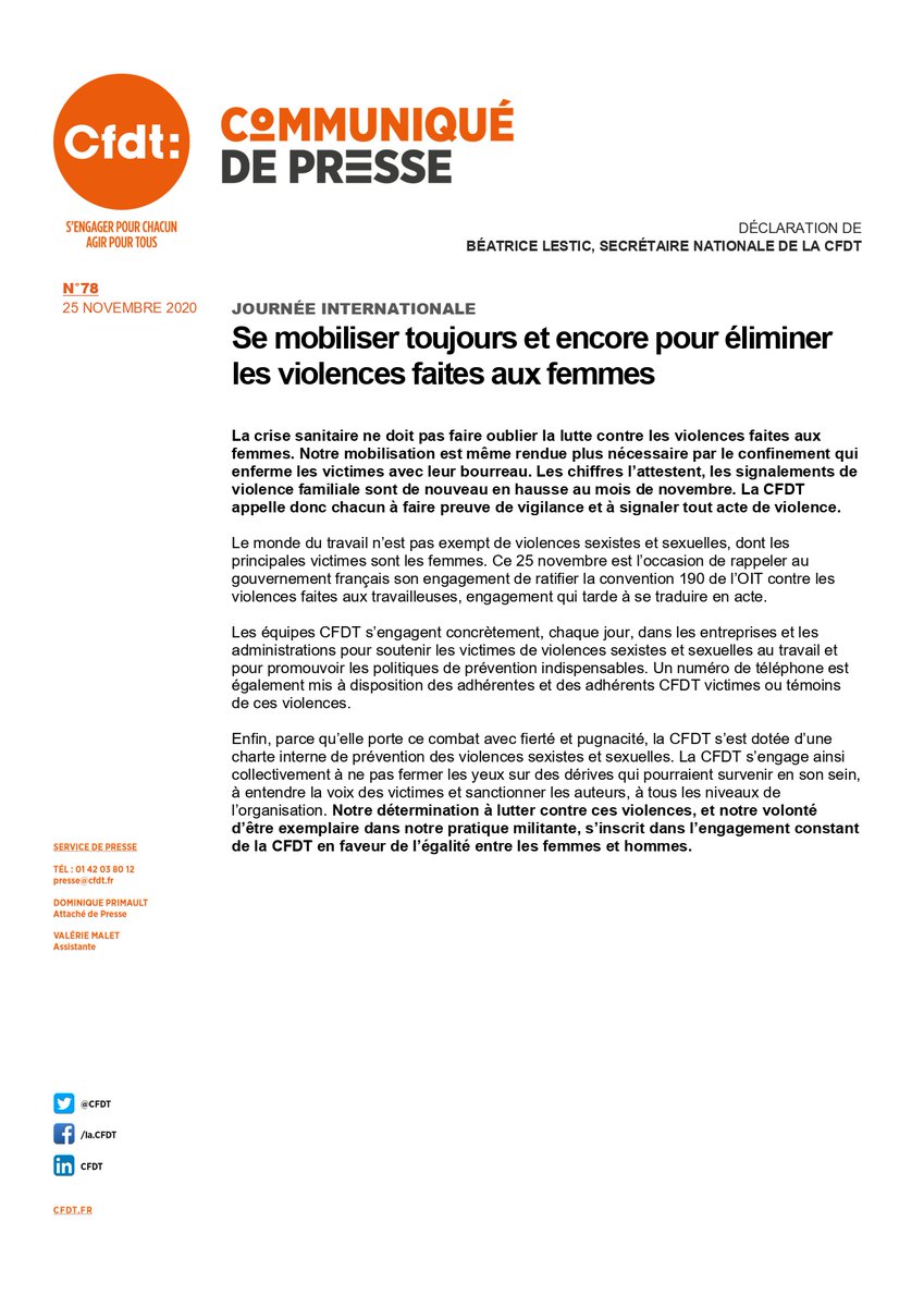 CFDT's tweet photo. || COMMUNIQUÉ DE PRESSE || La CFDT porte avec fierté et pugnacité le combat contre les violences faites aux femmes. Il s'inscrit dans son engagement constant en faveur de l’égalité entre les femmes et hommes.
 #violencesfaitesauxfemmes  #25novembre 
➡️ https://t.co/kHCyErEEIt https://t.co/0vqIX4OMsV