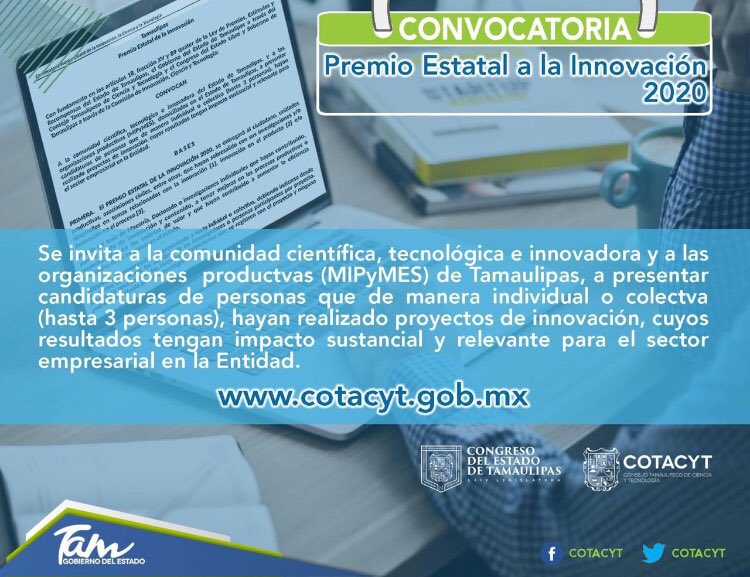 COTACYT's tweet photo. #Convocatoria | Premio Estatal a la Innovación 2020, consulta las bases y regístrate en: https://t.co/ZaAmW1uRW4 @gobtam @CongresoTams @EDUCATAM #CTITam #PremioInnovaciónTam https://t.co/A1H6AB50jA