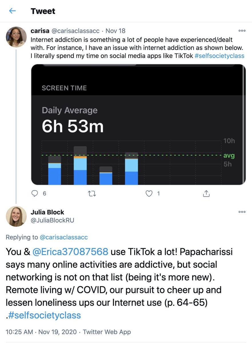 JuliaBlockRU's tweet photo. @laurentenRU TikTok &amp; other social media display media favorites: strength a social media habit can have knowing what exactly you/others use the medium for(Papacharissi). @carisaclassacc's post and my reply show compulsive use as problematic while trying to be used for good. #selfsocietyclass https://t.co/ayTf1zIpYo