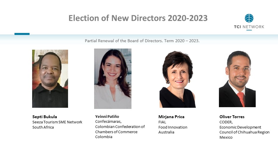 tcinetwork's tweet photo. We would like to introduce to you the new TCI Board of Directors members - @SeptiBuks 🇿🇦, @yeinniandrea🇨🇴, Mirjana Prica 🇦🇺 and Oliver Torres 🇲🇽.
Welcome and we are looking forward to keep on moving together the #clusters agenda! https://t.co/u7ixC8SIGI