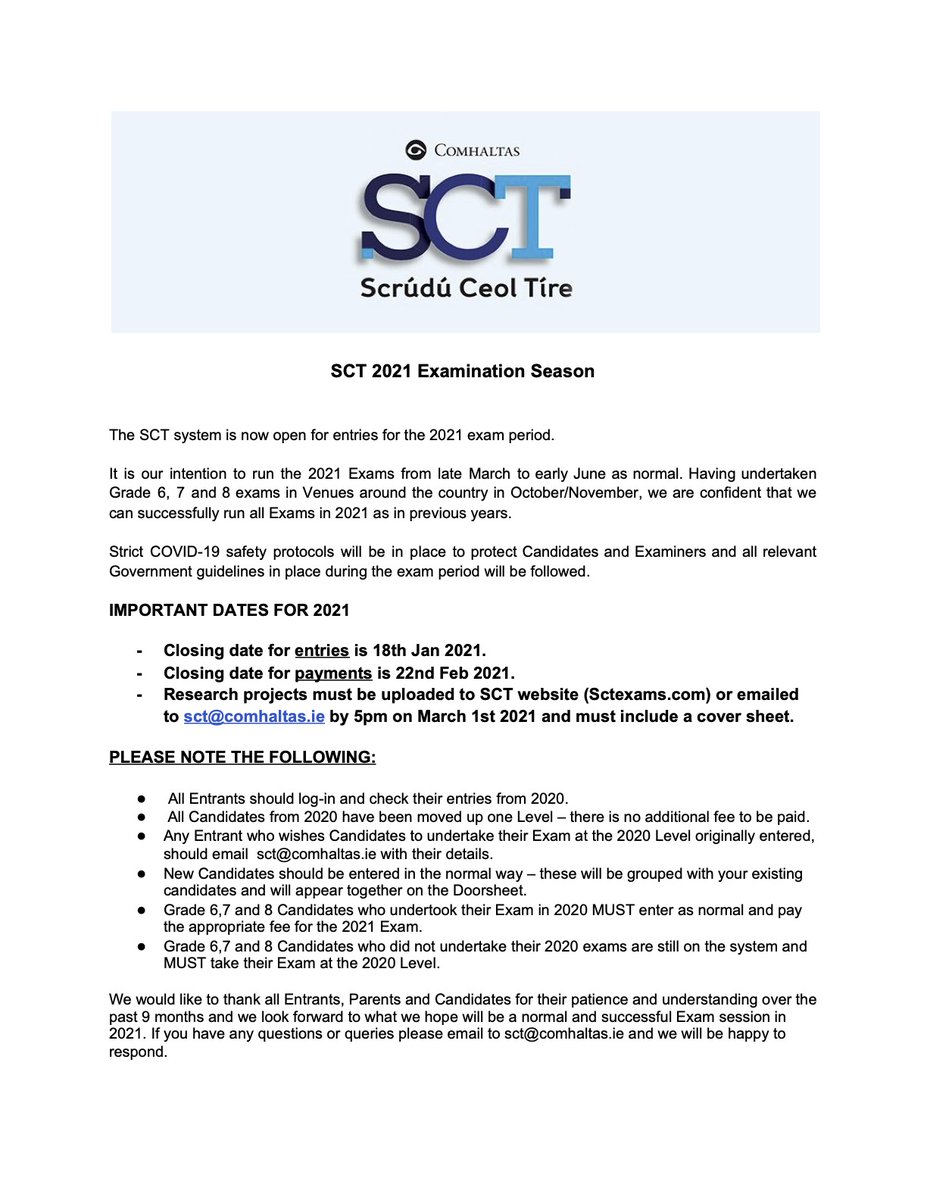 Scrúdú Ceol Tíre (@sct_exams) on Twitter photo UPDATE: The SCT traditional music exam system is now open for entries for the 2021 exam period. Closing date for entries is 18th Jan 2021.
All grade examinations will take place as normal from late-March to early-June 2021. sctexams.com <a href="/Comhaltas/">Comhaltas (CCÉ)</a> UPDATE: The SCT traditional music exam system is now open for entries for the 2021 exam period. Closing date for entries is 18th Jan 2021.
All grade examinations will take place as normal from late-March to early-June 2021. sctexams.com <a href="/Comhaltas/">Comhaltas (CCÉ)</a>