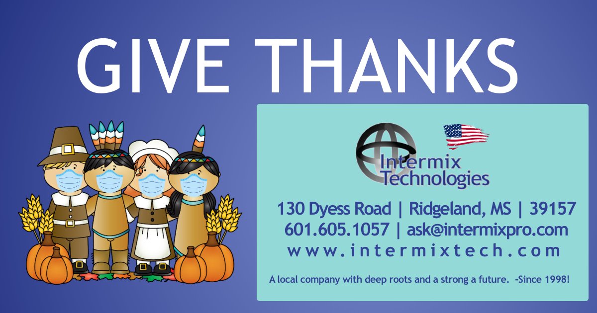 Intermix_Tech's tweet image. Happy Thanksgiving to all of our friends and families! Our office will be closed Thursday the 26th and Friday the 27th but we look forward to serving you on Monday the 30th. In the case of emergency, please call our office at 601.605.1057. Have a wonderful holiday! #intermixtech