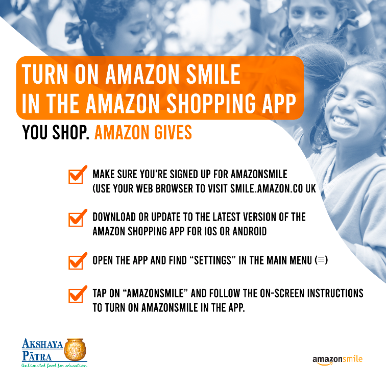 N2F_UK's tweet photo. When you shop through Amazon Smile this #BlackFriday, Amazon will donate a percentage of your net purchase price to us at no extra cost to you. Here's how you can set up Akshaya Patra as your amazon smile charity partner on your amazon mobile app today. https://t.co/eT2gvF3Qpw https://t.co/LvXWPF8jls
