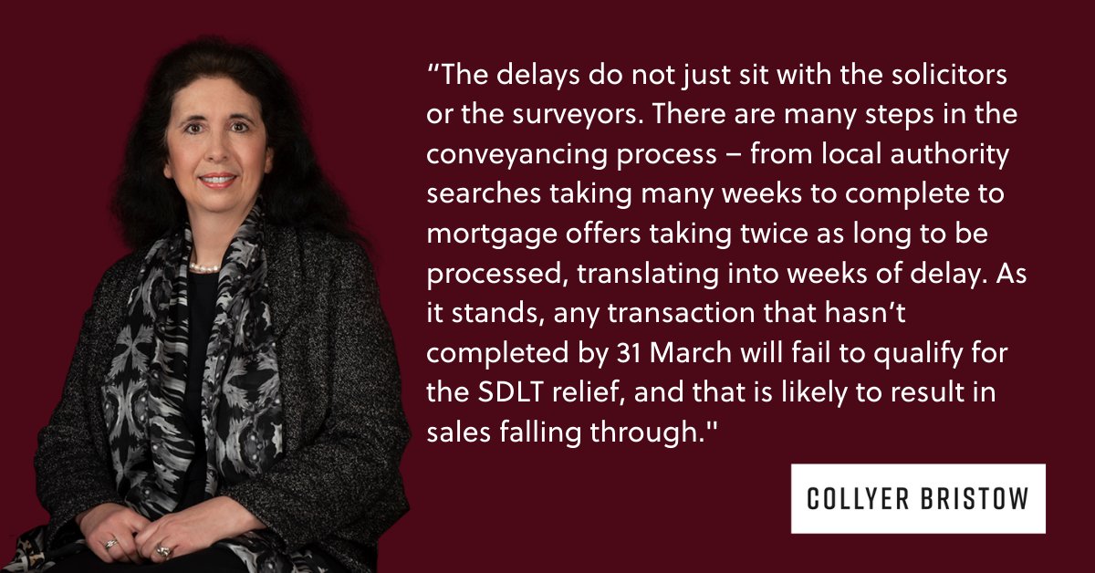 Head of the #PrivateClient #Property team, Janet Armstrong-Fox, has urged the government to extend the #stampdutyholiday beyond 31 March 2021 to allow properties that have exchanged, but are yet to complete, to qualify. collyerbristow.com/news/press-rel…