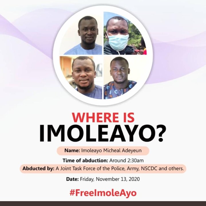 morenikeonifade's tweet photo. My Cousin's husband was taken by joint task force officers in the middle of the night , its been 12 days and nobody knows where he is. None of the security agencies have accepted nor denied taking him.

Please help rt

@Mochievous @fkabudu

#FreeImoleAyo https://t.co/QK08gTDSOe