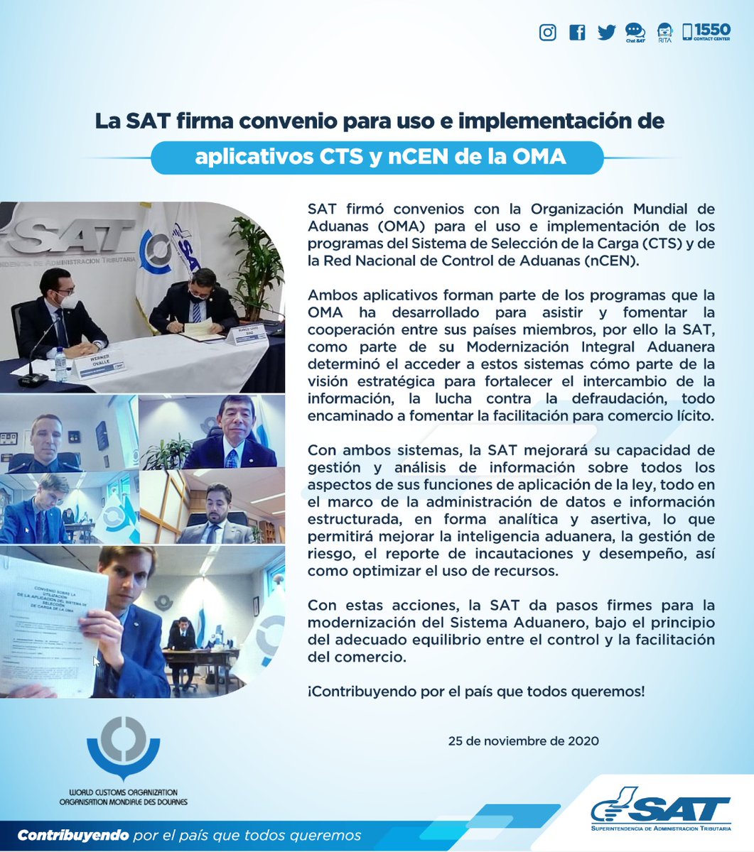 SATGT's tweet photo. La @SATGT firmó convenios con la @WCO_OMD para uso e implementación de programas del Sistema de Selección de Carga #CTS y de la Red Nacional de Control de Aduanas #nCEN https://t.co/csXT6dadZy