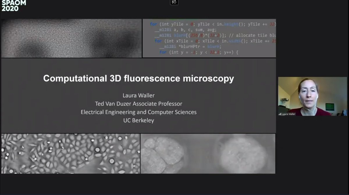 SPAOM5's tweet photo. Now live at #SPAOM2020 Laura Waller (@optrickster ) from @BerkeleyMIC  talks about Computational 3D #fluorescence #microscopy during #lightfield session https://t.co/eeoFjJzlsS