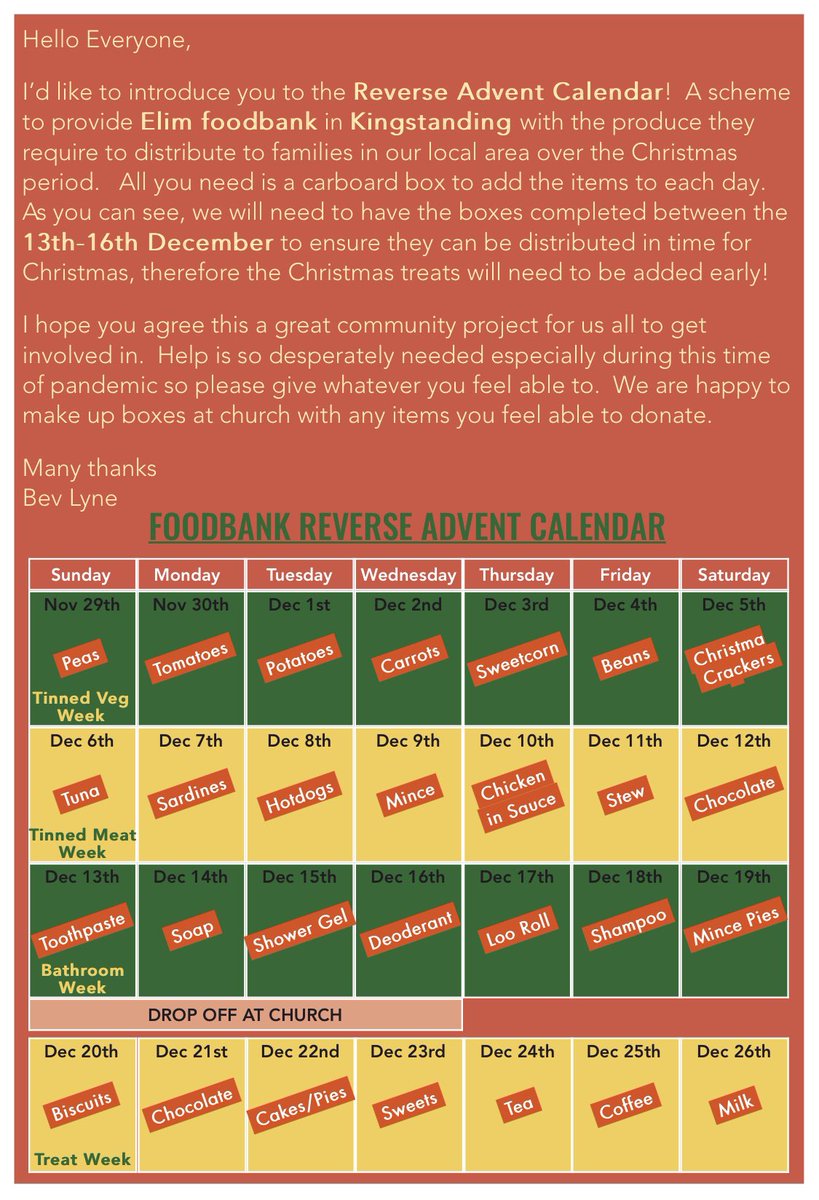 From this Sunday you can start collecting items for your Reverse Advent Calendar in support of Elim Foodbank in #Kingstanding. 

#Boldmere #WyldeGreen 
#SuttonColdfield 🎄