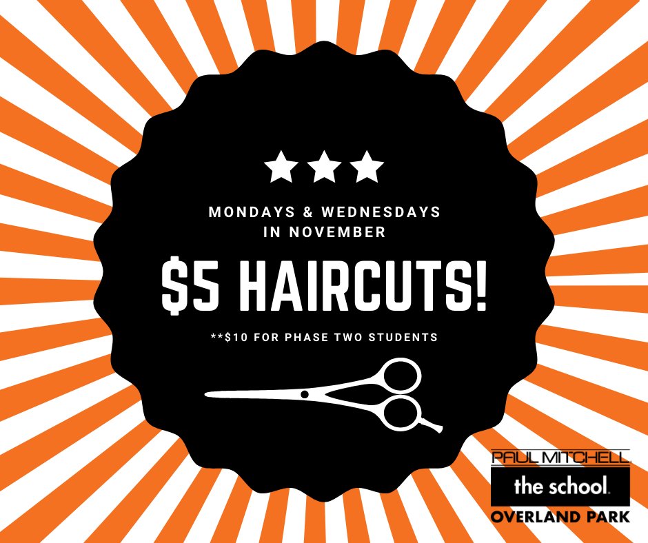 PaulMitchellOP's tweet photo. 💇🏼‍♀️Need a haircut? How's $5 sound?
EVERY MONDAY &amp; WEDNESDAY in November!
📲Call 913.381.5757 for an appt 🔜 https://t.co/r6Bv2XIUc8