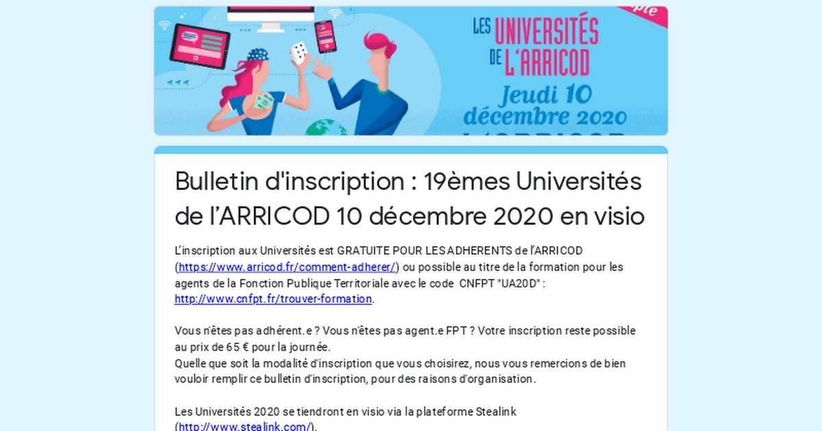 ARRICOD's tweet photo. Vous n’êtes pas encore inscrit.e.s pour les UA2020 ? Pas de panique ! Il est toujours possible de vous inscrire au titre la formation via le CNFPT avec le code UA20D.   Remplissez également le formulaire de l’ARRICOD :
https://t.co/ClL79ZUoio
#ARRICOD2020 #reseau #AEICT #metier https://t.co/bWsRdkQmC1