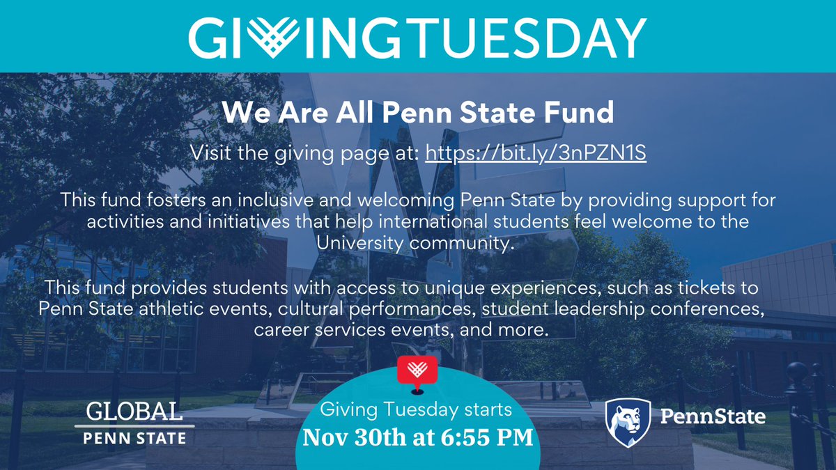 PennStateGlobal's tweet photo. Global Programs has 2 funds this #GivingTuesday. The "We Are All Penn State Fund" https://t.co/tDqkmwWonI and the "Penn State Education Abroad Fund" https://t.co/rFHYmB70On. Read about each giving fund to learn more about how your donations directly impact and assist students. https://t.co/5r01RROEvH