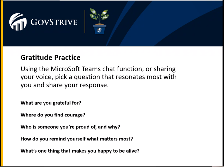 GovStrive's tweet photo. GovStrive places a high emphasis on the health and wellbeing of its employees, and we love getting together to support each other! During this month’s Wellness Session, our teams discussed and reflected on how to live with a grateful mindset. #GovStrive #Wellness #culture https://t.co/DmHZkgzz3F