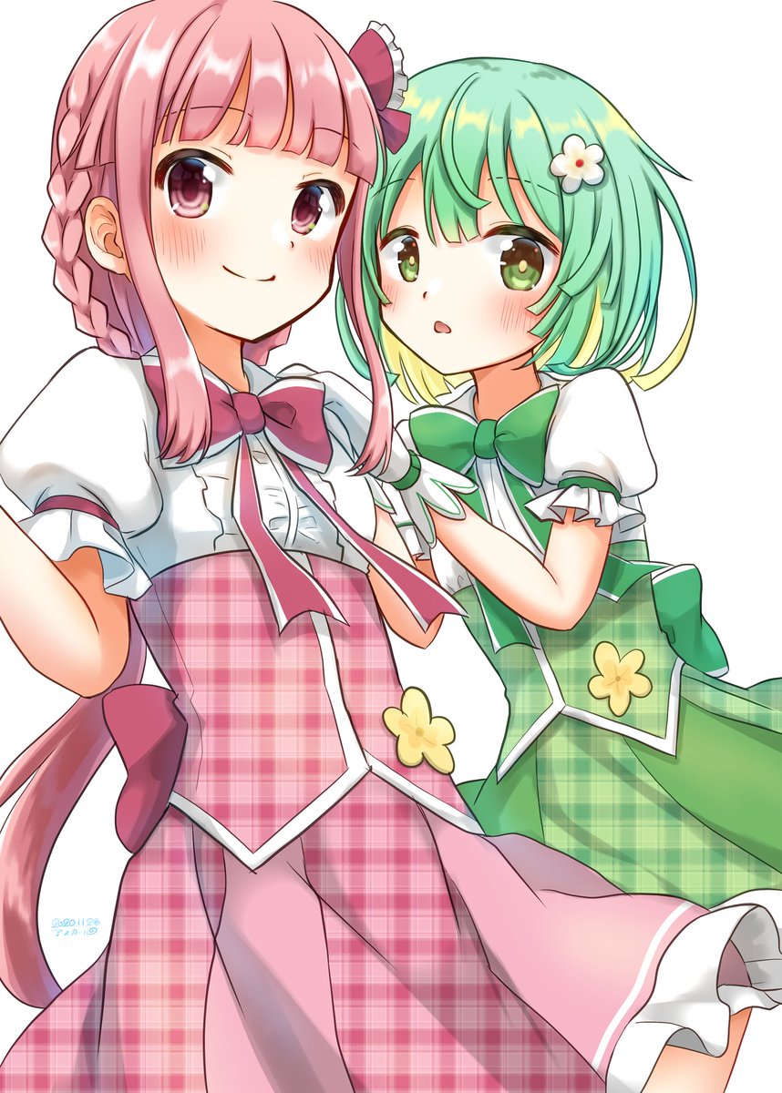 tamaki iroha multiple girls 2girls pink hair center frills short sleeves green hair green eyes  illustration images