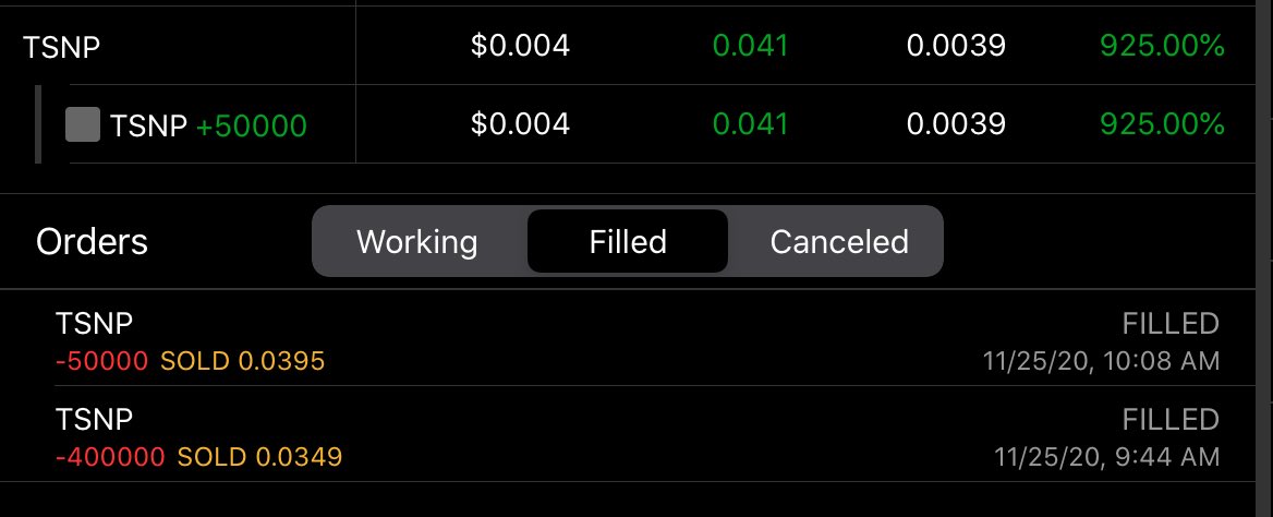 RayTMorris's tweet image. @ThePennyPro Another great trade on TSNP.  In at .0039, out at .0349 and .0395 for a total profit of $14,180!  Add that to my last sell on TSNP and the total is $25,130 overall!  Will hold 50,000 long term.  Thanks Jeff and have a Happy Thanksgiving!