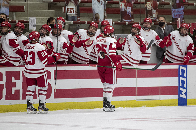 BadgerMHockey's tweet photo. Loved seeing @dommersch first in the celly line for his first goal of the season last night
#multipointgame || #toothlessgrin https://t.co/VD69tlp24c