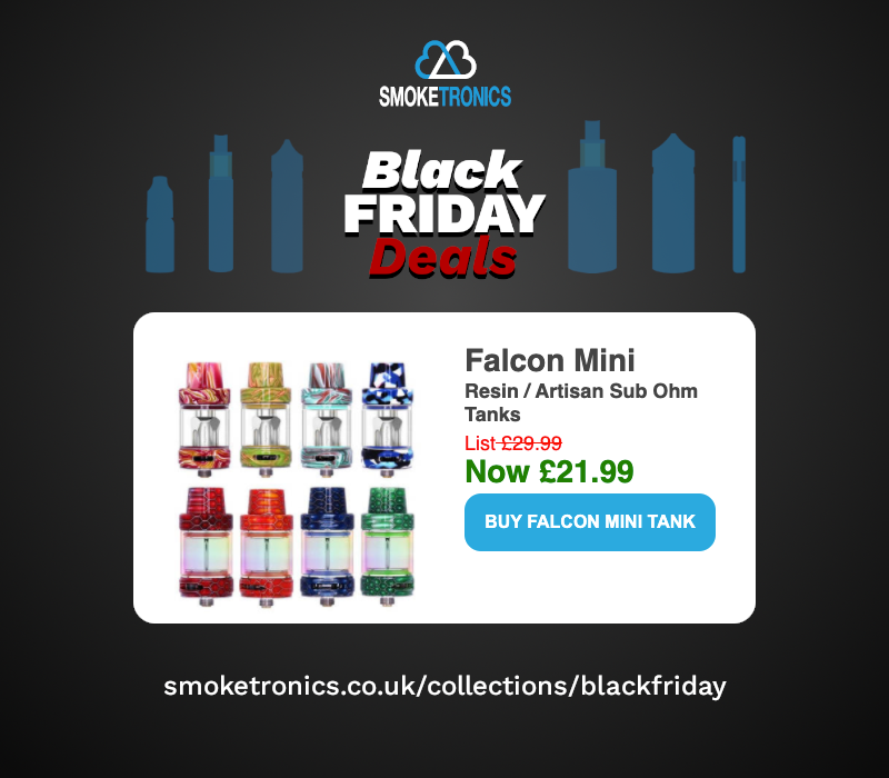 Smoketronicsuk's tweet photo. Today's #blackfridaydeals continue with the Horizon Tech Falcon Mini Resin / Artisan sub ohm tanks with the famous M2 mesh coils, down to only £21.99 https://t.co/Fme4uNVqHC https://t.co/T0WEQR4WBQ