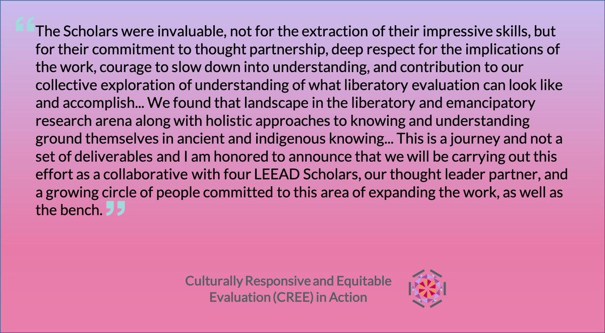 ExpandTheBench's tweet photo. @twogemsgeri In this #CREEInAction post, Dr. Peak (@twogemsgeri) reflects on their experience working with #LEEAD Scholars on a liberatory approach to evaluation. 

Read the blog they wrote for Decolonizing Evaluation Week with tips and resources: https://t.co/VH29IhG2S2 https://t.co/op6DAeBg9Y
