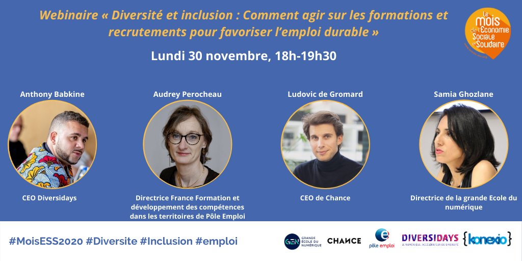 Ecole_Numerique's tweet photo. 🗣 Assistez au webinaire de @Konexio_eu sur le thème "Diversité &amp; inclusion : comment agir sur les formations et recrutements pour favoriser l’emploi durable ?" avec @AnthonyBabkine @a_perocheau @ludodegromard @Samia_Ghozlane
⏰ Ce soir 18h
➡️ https://t.co/YRAqze83i6
#MoisESS2020 https://t.co/Z8japDOkx1