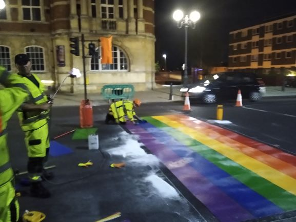 11/15. Wandsworth (May 27th 2020)After a quiet few months for everyone across London, the lockdown installations were warming up for Pride Month and Wandsworth installed their permanent  #RainbowCrossing on Lavender Hill outside of the iconic Battersea Arts Centre.