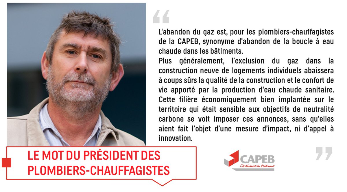 Jean-Claude Rancurel, Président des plombiers-chauffagistes de la #CAPEB, s'exprime sur les mesures visant l'exclusion du gaz dans la construction neuve de logements individuels 👇