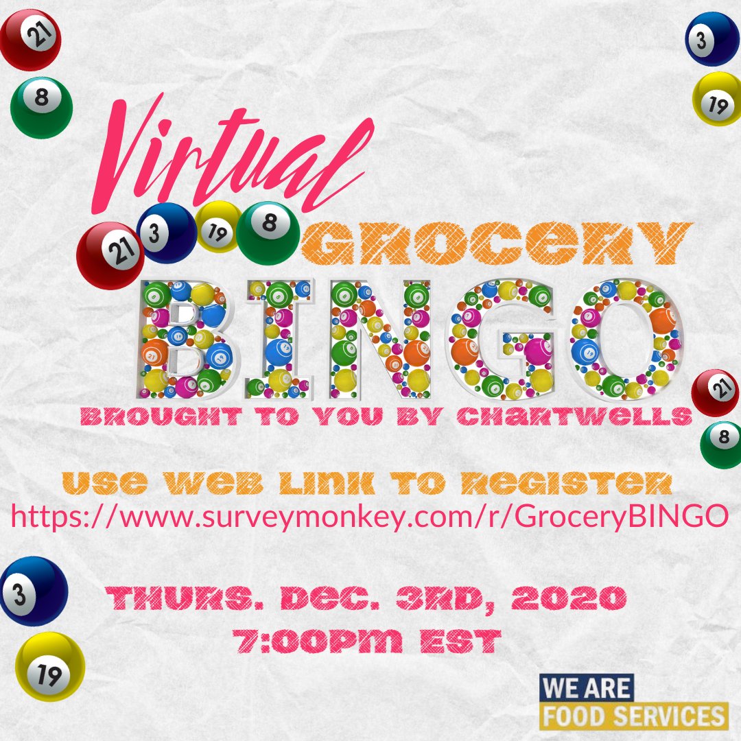 All <a href="/humbercollege/">Humber</a> students invited to join us during our very first virtual Grocey Bingo. Follow us on IG <a href="/Humber_Food/">WE ARE FOOD SERVICES</a> for more details! Dec 3rd #virtualbingo 

<a href="/ShareIGNITE/">IGNITE</a>
