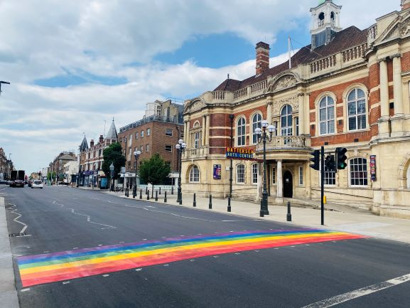 11/15. Wandsworth (May 27th 2020)After a quiet few months for everyone across London, the lockdown installations were warming up for Pride Month and Wandsworth installed their permanent  #RainbowCrossing on Lavender Hill outside of the iconic Battersea Arts Centre.