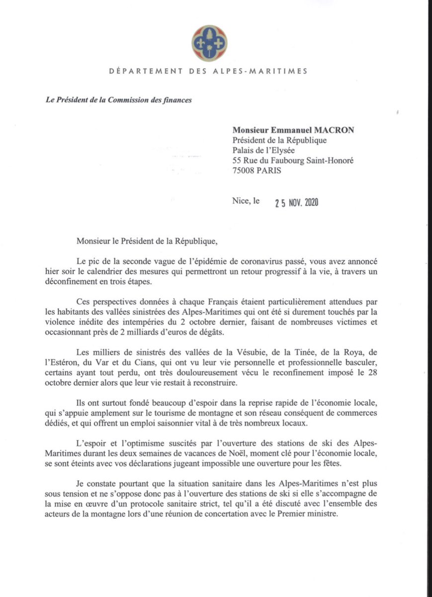 eciotti's tweet image. J’ai écrit à @EmmanuelMacron pour lui demander l’ouverture des stations de ski avec des conditions sanitaires strictes dès les vacances de Noël. 

Faisons confiance à nos territoires et n’infligeons pas une double peine aux vallées sinistrées des #AlpesMaritimes