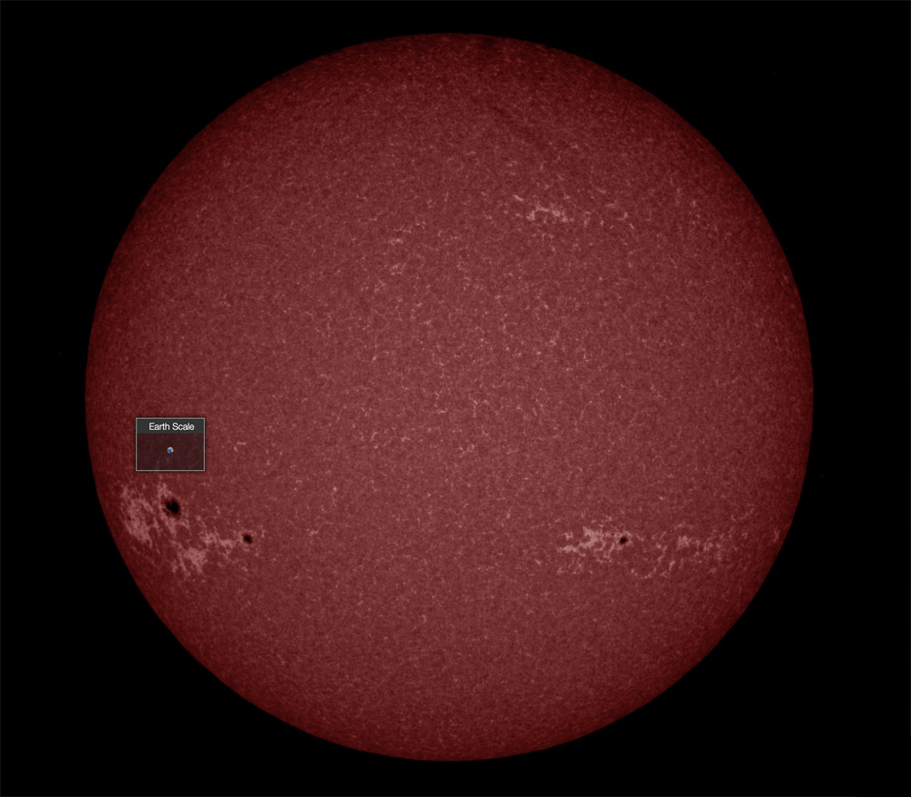 6/ This one is more recent, taken by the Solar Dynamics Observatoy in UV light which shows surface activity better. I threw the Earth in for scale. Mind you, this is a medium-sized spot. They can be much bigger.You can make images like this yourself at  https://www.helioviewer.org/ 