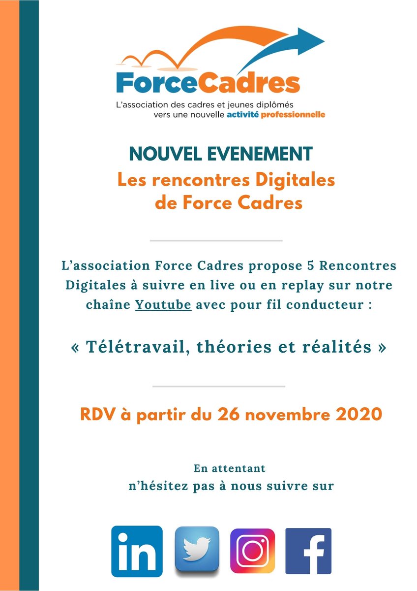C'EST DEMAIN !!
LE TELETRAVAIL, THEORIES ET REALITES
Force Cadres se réinvente en cette période et transforme sa Table Ronde annuelle en Rencontres Digitales: 5 rencontres sur Youtube dès demain
forcecadres.org/les-rencontres…
#forcecadres #teletravail #management