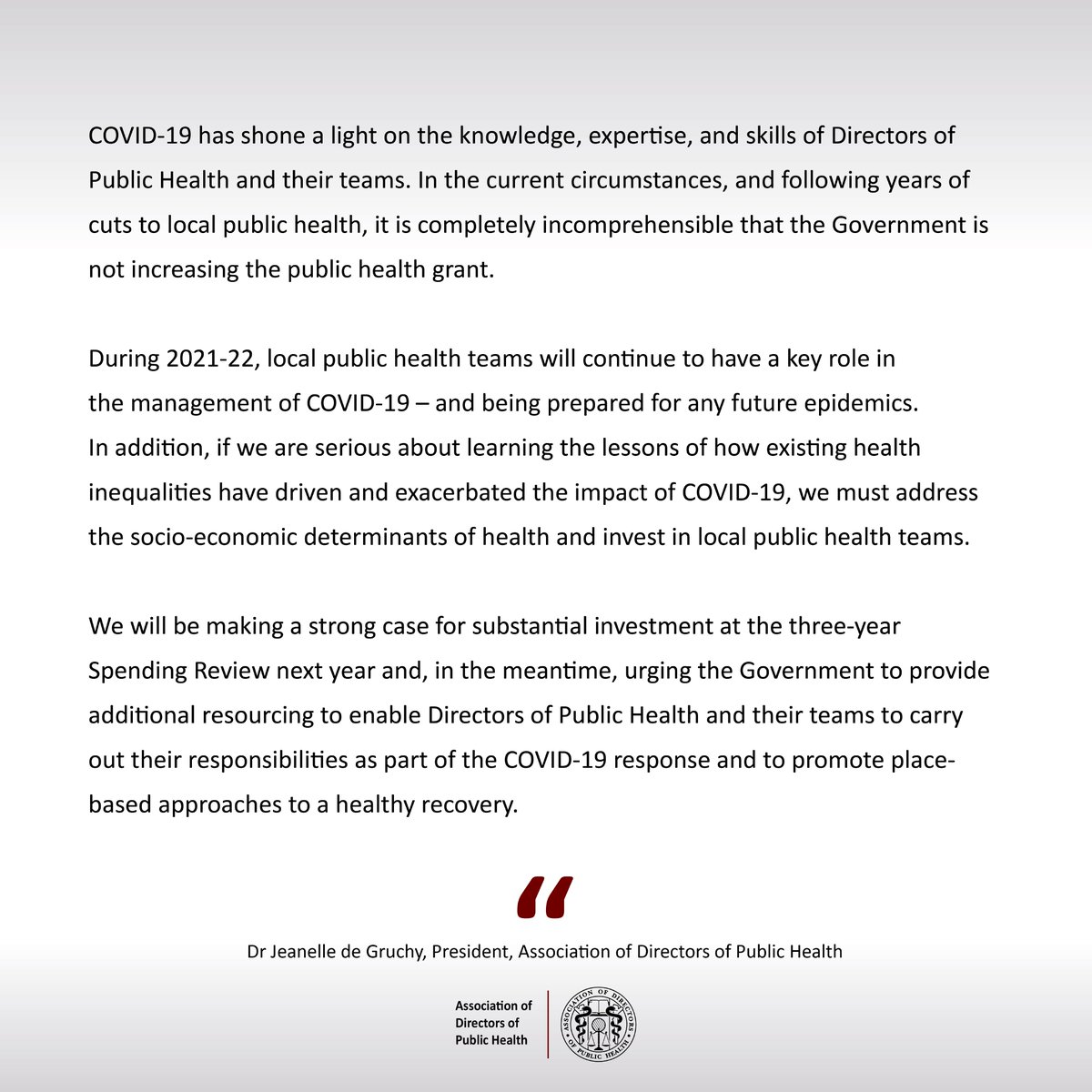 "It is completely incomprehensible that the Government is not increasing the public health grant" ADPH president, @JeanelleUK responds to the announcement of today's Spending Review. 

bit.ly/3l2Pkhz