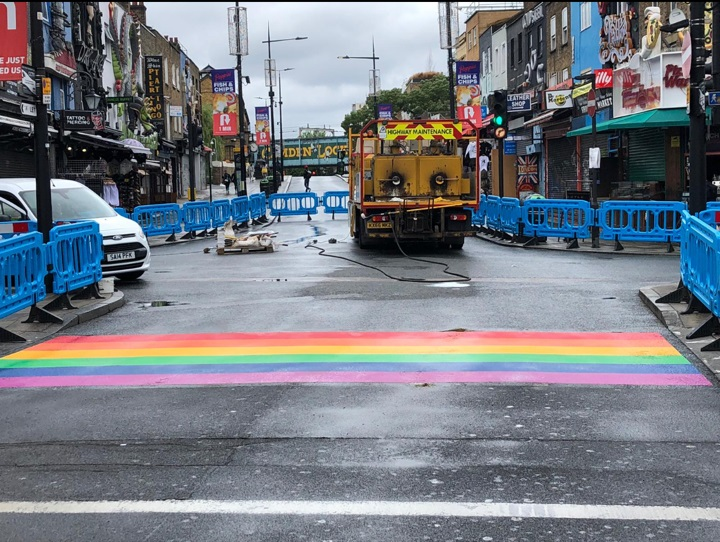 14/15. Camden (June 27th 2020)Over on  #Camden High Street , 4 permanent crossings were installed at the junction of Jamestown Road and Hawley Crescent.This was followed with a programme of virtual events including online exhibitions, playlists and more  #WeMakeCamdenProud.