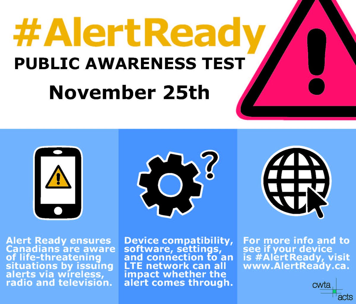 SaskTelSupport's tweet image. There will be a test on the @AlertReady public alert system at 1:55 pm today. Device model, software version and connection to an LTE network can affect compatibility. Visit sasktel.com/publicalerts for information and capable devices.
#AlertReady #AlertReadyTest #PublicAlerting
