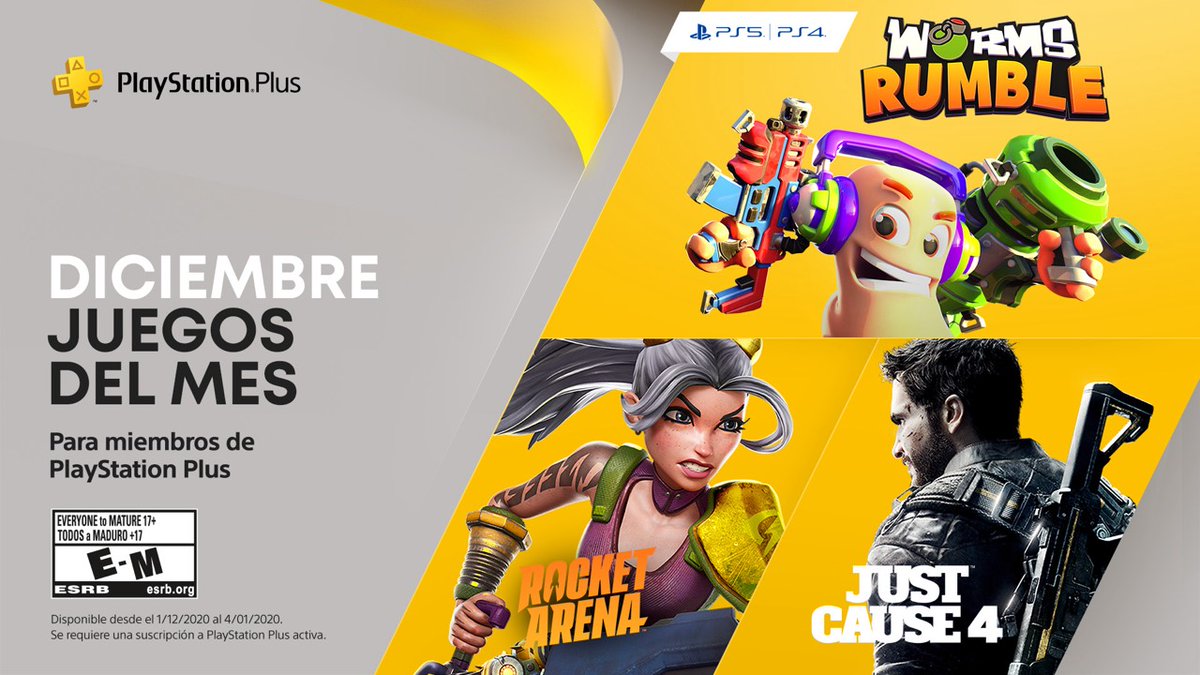 PlayStation_LA's tweet photo. Los juegos de PlayStation Plus de diciembre traen el caos, con Worms Rumble, Just Cause 4 y Rocket Arena liderando la alineación: https://t.co/G58Y6E85Tj https://t.co/MVlkMSQzho