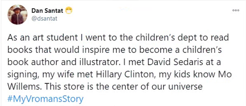 vromans's tweet photo. We're grateful for the authors that become lifelong friends, like the incomparable author/illustrator extraordinaire @dsantat. Dan stops by often so chances are you can always find a signed copy or 2 of his books in our Kid's Dept! #WeekOfGratitude #DaysofThanks #MyVromansStory https://t.co/6YQzXnLZ4K