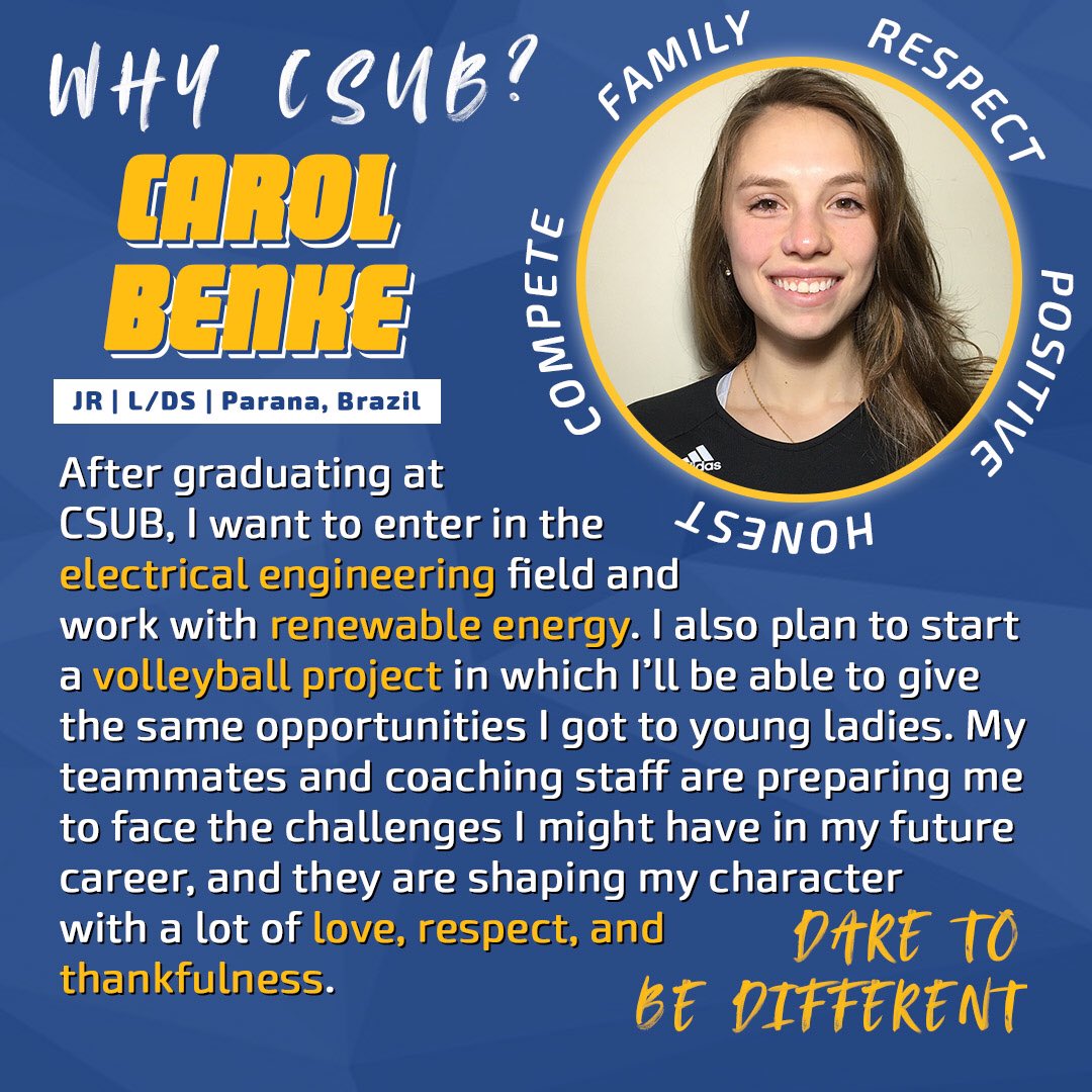 CSUB_Volleyball's tweet photo. International players also have their motives to be here. Check out what Carol Benke feel about how CSUB is important for her future
#daretobedifferent #whycsub https://t.co/hHnrHyfa2i