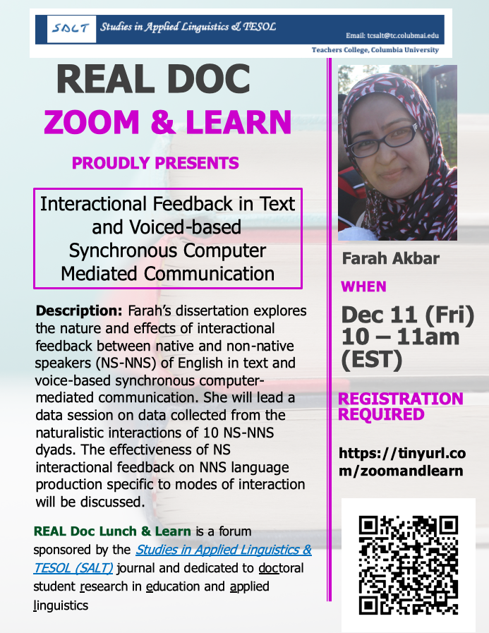tcsaltjournal's tweet photo. Mark your calendars for our next #REALDoc on 12/11 (Fri) 10:00-11:00AM (EST)
Farah Akbar will bring her dissertation data and examine interactional feedback in text and voice-based synchronous computer-mediated communication 🤓🧐 💻🖥️⌨️😀🙂
To register:
https://t.co/IkXvX2kk68 https://t.co/M2TlZG03ht