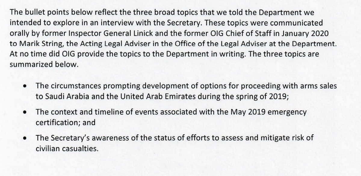 5. Linick told Marik String, State Dept. legal adviser, that he wanted to ask Pompeo about mitigation efforts around civilian casualties, according to Oct. letter from State OIG to  @HouseForeign. Whether US does mitigation is central to legal risk issue.  https://foreignaffairs.house.gov/_cache/files/d/2/d290e3bf-1c5b-466f-9b1e-c8aced4ad9b4/6BD4E9EA34A200CF5DF140BF240DF8F0.hfac-michael-miller-affidavit-1027-2020-003-redacted.pdf