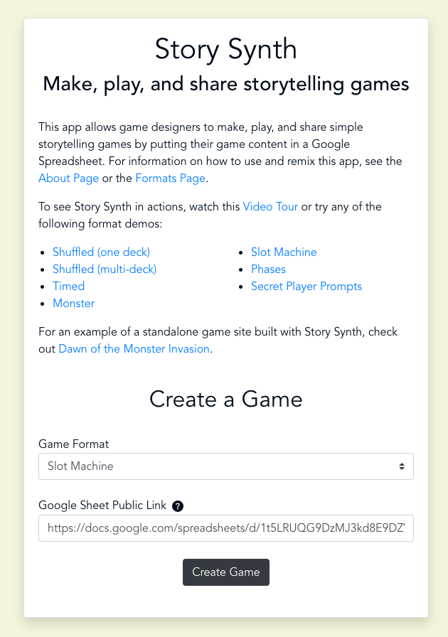 The story synth home page. The top half of the page has example games and the bottom half has a form that lets designers paste a google sheet that will generate a game.