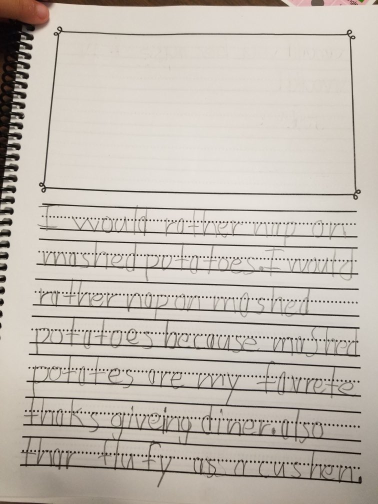 jenniferwdove's tweet photo. Thankful for the amazing writing that is being taught at BCSD!  Check out this engaging opinion writing from a 2nd grader who uses a simile to support his stance.  #WritingWorkshop #EngagingTopics #StartingThemYoung  #BPatriotProud @BinghamtonCSD https://t.co/DNlW1bH0DP